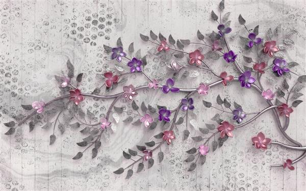 طرح کاغذ دیواری سه بعدی با رندر گل و شاخه درخت برای چاپ عکس