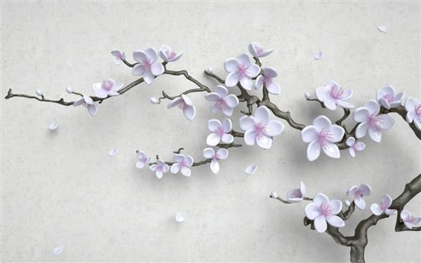 طرح کاغذ دیواری سه بعدی با رندر گل و شاخه درخت برای چاپ دیجیتال