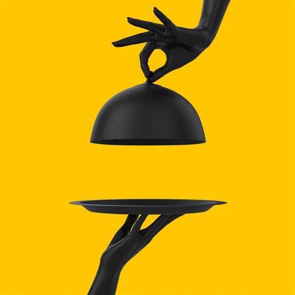 ظرف مشکی با درب و دست در دست جدا شده روی کلوش رستورانی زرد باز شده مفهوم بنر تبلیغاتی زمان راه اندازی رندر سه بعدی