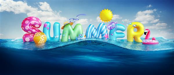 پس زمینه سفر بنر رندر سه بعدی تابستانی با متن سه بعدی و توپ های رنگارنگ ماهی ها فلامینگو و خورشید در پس زمینه آسمان آبی و دریا برای تعطیلات فصل تابستان