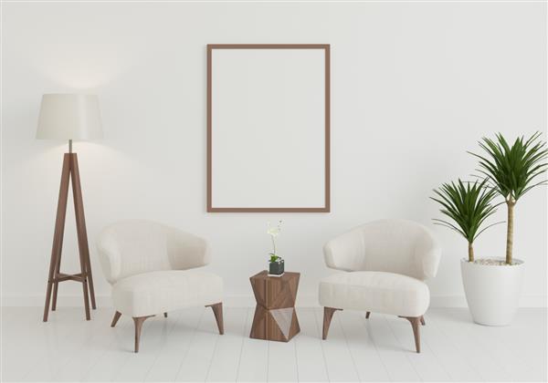 ماکت پوستر داخلی با یک قاب عمودی آویزان بر روی یک میز کوچک و دو صندلی در اتاق نشیمن به سبک اسکاندیناوی رندر سه بعدی - تصویر