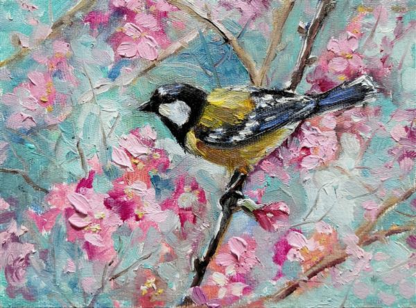 تی موش در بهار باغ گیلاس شکوفه می دهد گل های بهاری شکوفا می شوند و پرندگان با آسمان آبی تصویر نقاشی رنگ روغن امپرسیونیسم اصلی روی بوم