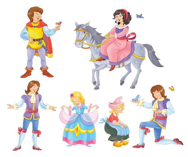 شاهزاده و شاهدخت سیندرلا افسانه کتاب رنگ آمیزی صفحه رنگ آمیزی مجموعه ای از شخصیت های کارتونی زیبا و خنده دار جدا شده در پس زمینه سفید