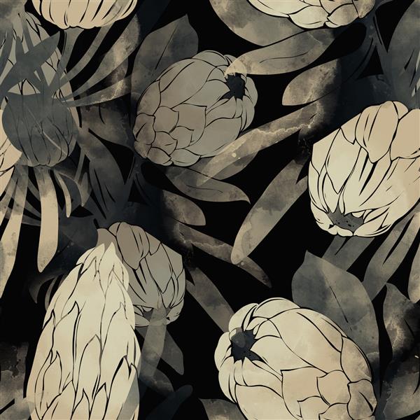 نقش گل پروتئا و برگ مخلوط تکرار الگوی بدون درز تصویر طراحی شده با دست دیجیتال با بافت آبرنگ آثار هنری ترکیبی موتیف بی پایان برای دکور پارچه و طراحی گیاه شناسی