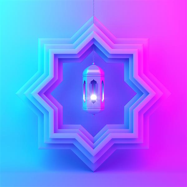 لامپ کاغذ بریده و آویزان هشت نقطه ای بر روی پس زمینه شیب بنفش صورتی آبی طراحی مفهوم خلاقانه جشن اسلامی روز رمضان کریم یا عید فطر تصویر رندر سه بعدی