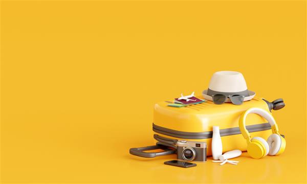 چمدان با لوازم جانبی مسافر در زمینه زرد مفهوم سفر رندر سه بعدی