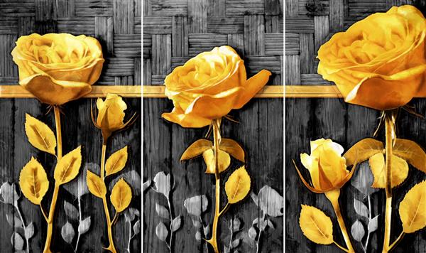 مجموعه نقاشی رنگ روغن دکوراسیون داخلی هنر انتزاعی مدرن روی بوم مجموعه ای از تصاویر با بافت های مختلف گل های رز در زمینه چوب مشکی طلایی و مشکی بافت چوب
