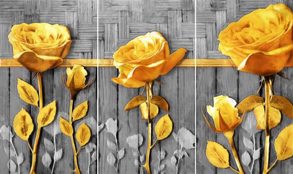 مجموعه نقاشی رنگ روغن دکوراسیون داخلی هنر انتزاعی مدرن روی بوم مجموعه ای از تصاویر با بافت ها و رنگ های مختلف گل های رز در زمینه چوب خاکستری طلا بافت چوب