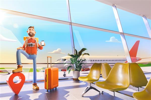 تصویر سه بعدی شخصیت کارتونی توریست با یک نشانگر نقشه بزرگ و تلفن در دست در فرودگاه ایستاده است مفهوم اپلیکیشن موبایل برای سفر