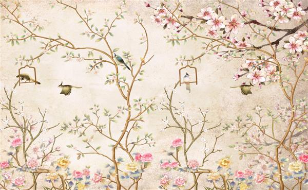 طرح کاغذ دیواری سه بعدی با شاخه ها و گل ها و پرندگان به سبک انگلیسی برای چاپ دیواری