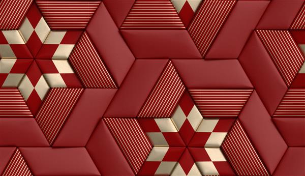 کاشی های هندسی نرم سه بعدی ساخته شده از چرم قرمز با راه راه های تزئینی طلایی و لوزی بافت واقعی بدون درز با کیفیت بالا