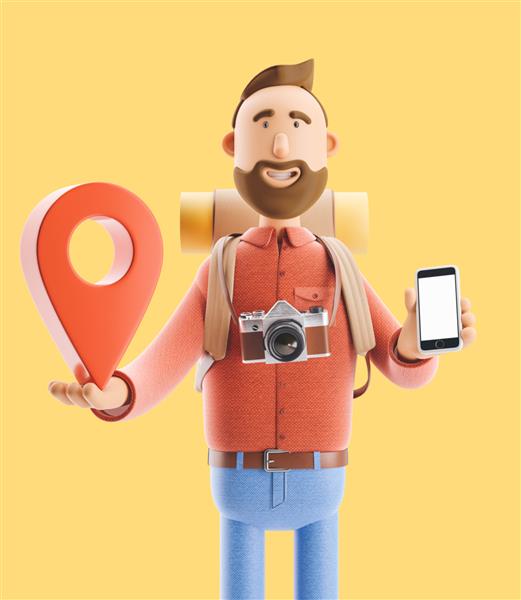 تصویر سه بعدی توریست شخصیت کارتونی با یک نشانگر نقشه بزرگ و تلفن در دست ایستاده است