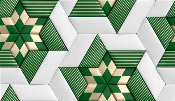 کاشی های هندسی نرم سه بعدی ساخته شده از چرم سبز و سفید با راه راه های تزئینی طلایی و لوزی بافت واقعی بدون درز با کیفیت بالا