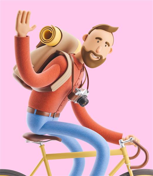 تصویر سه بعدی شخصیت کارتونی توریست سوار بر دوچرخه