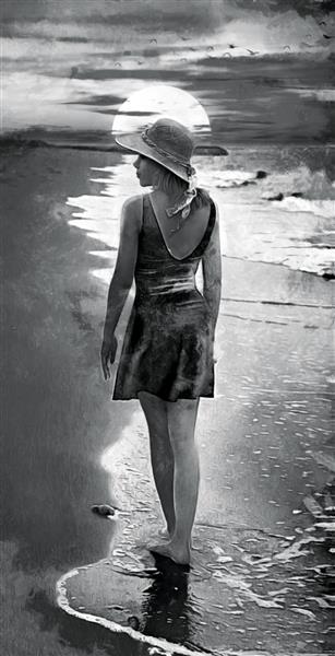نقاشی رنگ روغن سیاه و سفید مدرن از دختر تنها در حال قدم زدن در امتداد ساحل در غروب آفتاب مجموعه ای از نقاشی رنگ روغن برای دکوراسیون و داخلی تصویر آثار هنری دریا بوم کاغذ دیواری