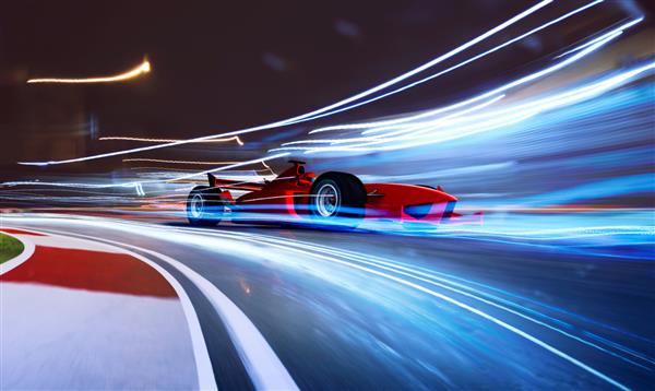 رانندگی سریع ماشین مسابقه ای اسپرت برای رسیدن به رویای قهرمان تاری حرکت و جلوه نور اعمال می شود رندر سه بعدی و ترکیب رسانه های ترکیبی