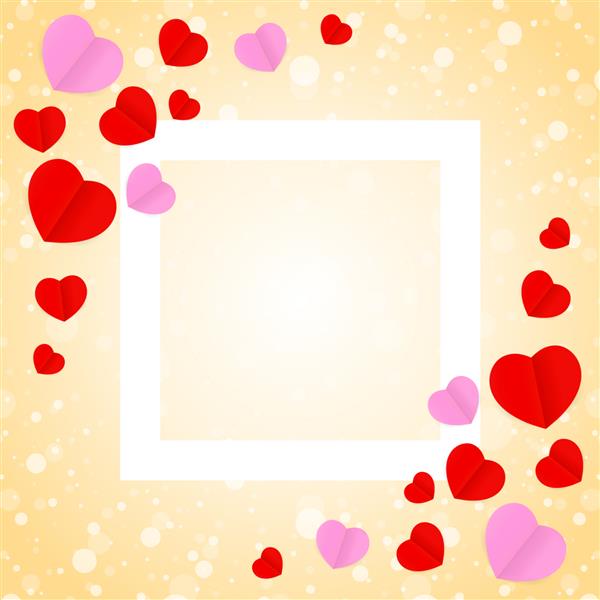 قاب مربع سفید و شکل قلب صورتی قرمز برای بنر قالب پس‌زمینه کارت ولنتاین قلب‌های زیادی روی شیب نارنجی نرم برای پس‌زمینه ولنتاین نارنجی تصویر با تزئینات قلبی شکل