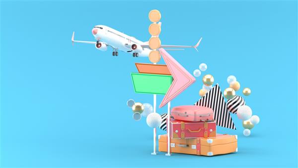 تابلوهای هتل چمدان ها و هواپیماها در میان توپ های رنگارنگ در پس زمینه آبی رندر سه بعدی
