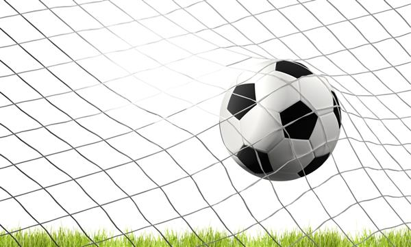 توپ فوتبال فوتبال و چمن سبز با گل در شبکه فوتبال تصویر سه بعدی