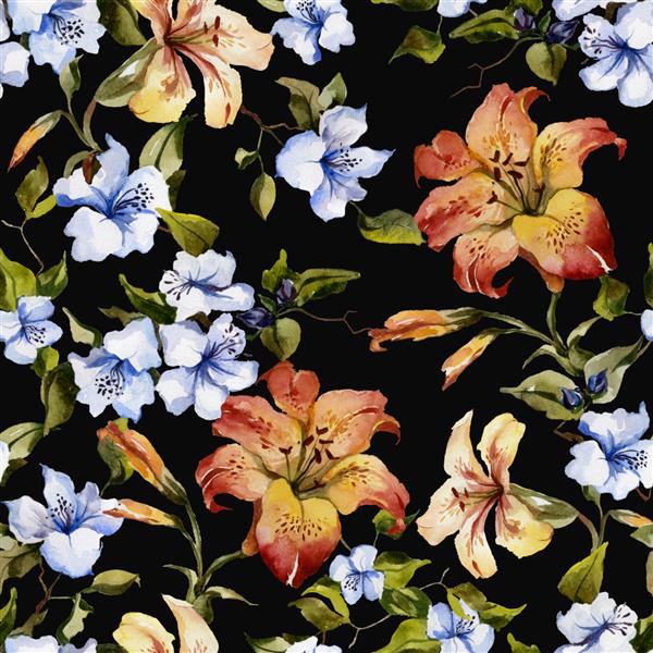 نیلوفرهای ببری زیبا و گل های آبی کوچک روی شاخه ها در برابر پس زمینه سیاه الگوی گل بدون درز نقاشی آبرنگ تصویر نقاشی شده با دست پارچه طرح کاغذ دیواری