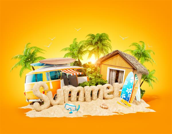 کلمه تابستان ساخته شده از شن و ماسه در یک جزیره گرمسیری تصویر سه بعدی غیرمعمول از تعطیلات تابستانی مفهوم سفر و تعطیلات