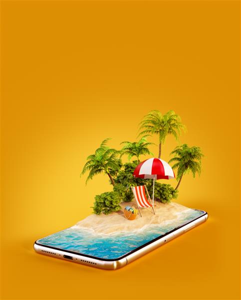 تصویر سه بعدی غیرمعمول از یک جزیره گرمسیری با درختان نخل صندلی و چتر روی صفحه نمایش گوشی هوشمند مفهوم سفر و تعطیلات