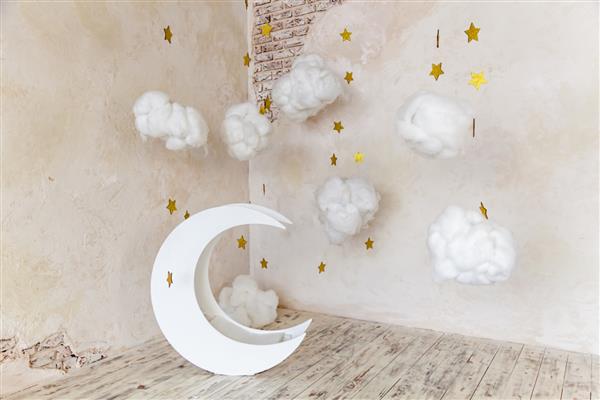 لوکیشن کودکان برای عکاسی ماه با ستاره و ابر دکور رویایی عناصر داخلی ماه و ستارگان داخلی