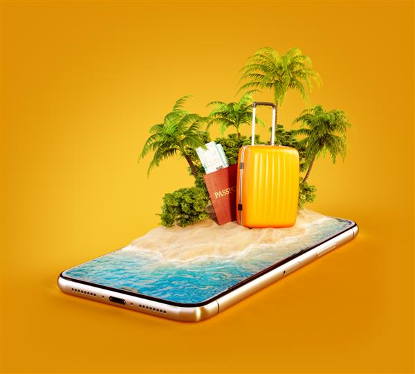تصویر سه بعدی غیرمعمول از یک جزیره گرمسیری با درختان نخل چمدان و پاسپورت روی صفحه نمایش گوشی هوشمند مفهوم سفر و تعطیلات