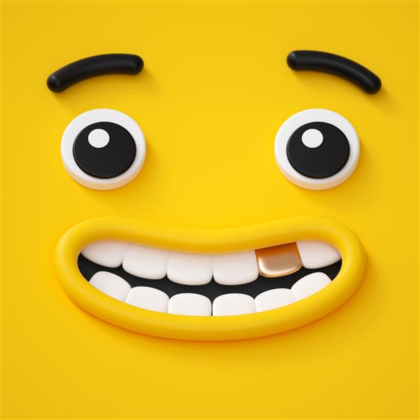 رندر سه بعدی چهره کودکانه بامزه لبخند با دندان طلایی احساسات شگفت زده شکلک شکلک هیولای زرد خنده دار