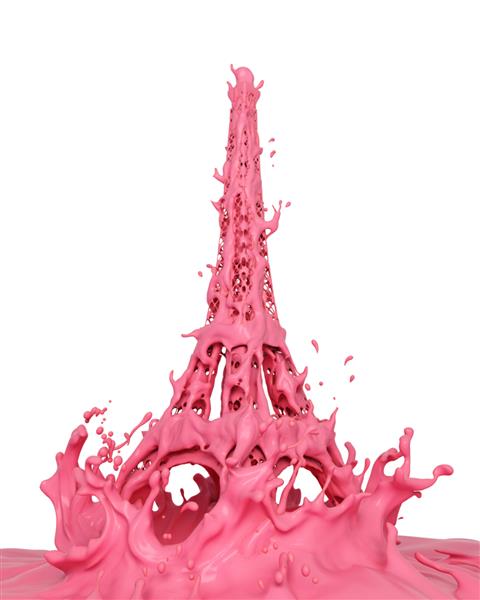 چلپ چلوپ مایع با طعم کرم توت فرنگی صورتی به شکل برج ایفل پاریس جدا شده در پس زمینه سفید مفهوم نوشیدنی طراحی خلاقانه تصویر رندر سه بعدی
