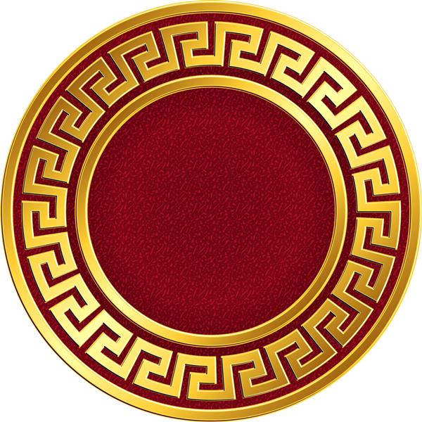 قاب گرد طلایی با الگوی پرنعمت یونانی پرنعمت در پس‌زمینه قرمز برای الگوی طراحی الگوی طلایی برای کاشی ها و بشقاب های تزئینی