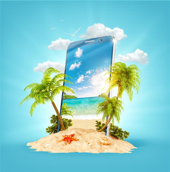 منظره گرمسیری شگفت انگیز با نخل ها و ساحل بر روی صفحه نمایش تلفن هوشمند روی شن و ماسه تصویر سه بعدی غیرمعمول مفهوم سفر و تعطیلات