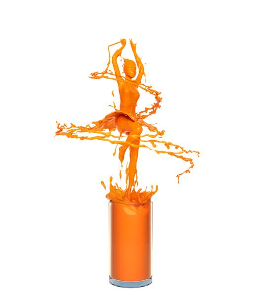 پاشیدن مایع آب پرتقال به شکل بالرین رقص زن یا دختر جدا شده در زمینه سفید طراحی مفهومی خلاقانه تصویر رندر سه بعدی