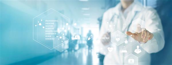اتصال شبکه پزشکی آیکون لمسی پزشک و گوشی پزشکی با رابط صفحه نمایش مجازی مدرن در پس زمینه بیمارستان مفهوم شبکه فناوری پزشکی