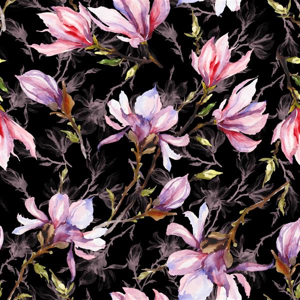 گل های ماگنولیا صورتی روی شاخه ای در زمینه سیاه الگوی بدون درز نقاشی آبرنگ دست کشیده قابل استفاده برای کاغذ دیواری طراحی پارچه
