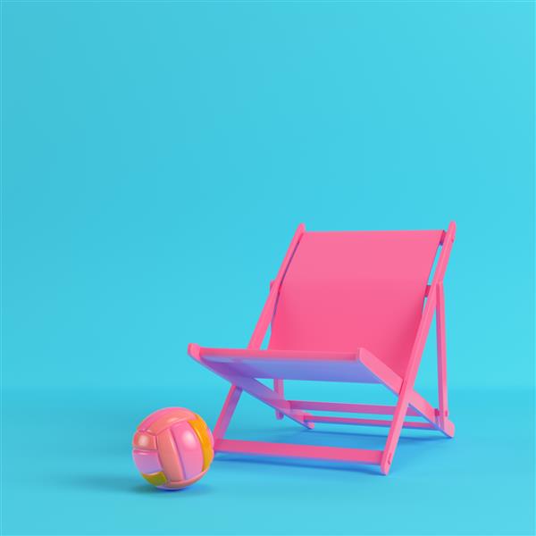 صندلی ساحلی صورتی با توپ والیبال در زمینه آبی روشن در رنگ های پاستلی مفهوم مینیمالیسم رندر سه بعدی