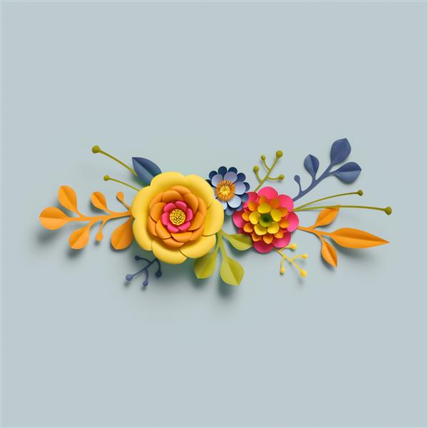 رندر سه‌بعدی گل‌های کاغذی کاردستی چیدمان گیاه‌شناسی پاییزی دسته گل جشن رنگ‌های آب نباتی روشن هنر کلیپ طبیعت جدا شده در پس‌زمینه آبی کم‌رنگ حاشیه تزئینی تزئینی
