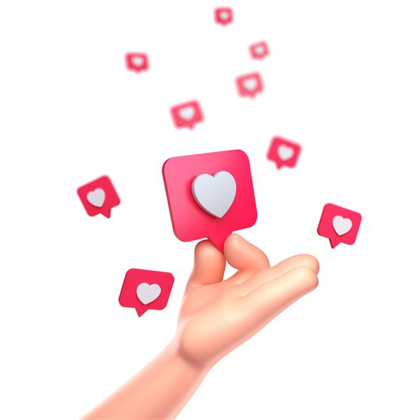 رندر سه بعدی دست کارتونی مانند نماد قلب روی پین قرمز جدا شده در پس زمینه سفید