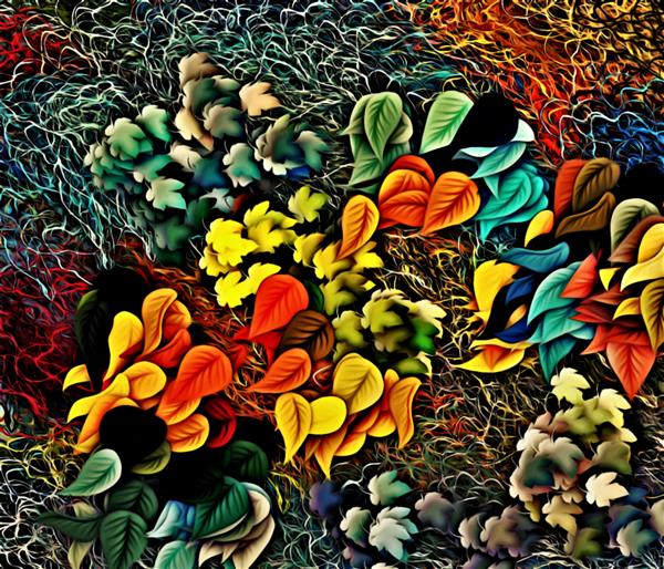 گرافیک کامپیوتری پس زمینه روانگردان گل انتزاعی استیکرهای آشفته رنگی به شکل برگ
