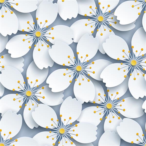 الگوی بدون درز پس زمینه زیبا و مدرن زیبا گل های ساکورا سه بعدی سفید تزئینی کاغذ برش شکوفه درخت گیلاس ژاپنی کاغذ دیواری شیک گلدار نسخه شطرنجی