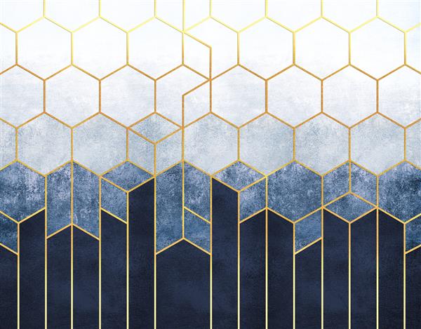 انتزاع هندسی شش ضلعی در پس زمینه برجسته آبی با عناصر طلایی نقاشی دیواری برای چاپ داخلی کاغذ دیواری