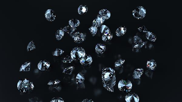الماس های براق در حال سقوط بر روی پس زمینه نور سیاه-آبی تصویرسازی سه بعدی سی جی سه بعدی کیفیت بالا
