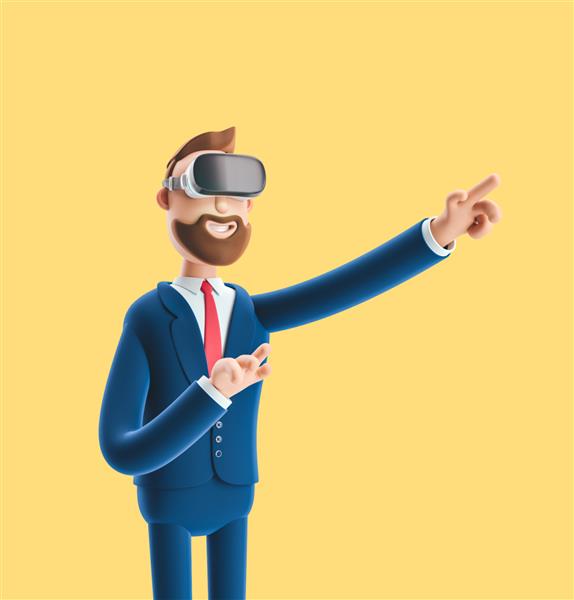 تصویر سه بعدی در پس زمینه زرد تاجر بیلی با استفاده از عینک واقعیت مجازی و لمس رابط مجازی