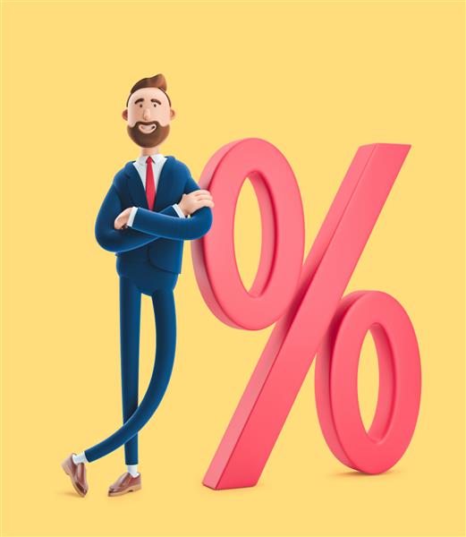 تصویر سه بعدی در پس زمینه زرد شخصیت کارتونی بیلی و نماد درصد بزرگ مفهوم نرخ بهره تجاری
