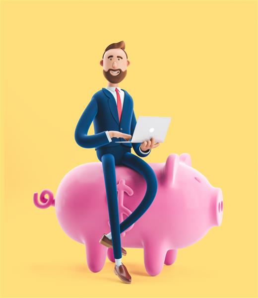 پرتره یک شخصیت کارتونی خوش تیپ با قلک در پس زمینه صورتی مفهوم ذخیره پول ایمن تصویر سه بعدی