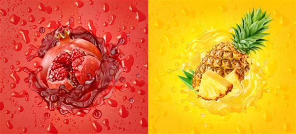 آناناس تازه سالم و آب انار امواج سه بعدی را با آناناس رسیده مجموعه میوه های انار می پاشند پس زمینه طراحی برچسب آبمیوه با قطره المان طراحی بسته تبلیغاتی میوه