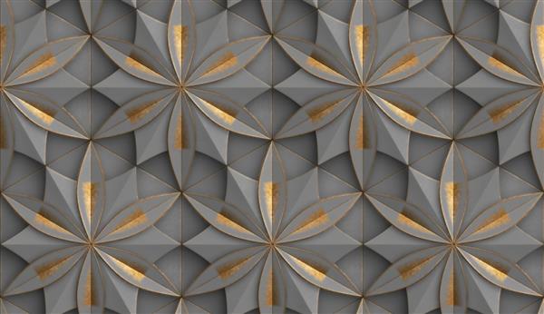 کاغذ دیواری سه بعدی به شکل پانل های هندسی خاکستری با خش های تزئینی طلایی گل زندگی بافت بدون درز واقعی با کیفیت بالا
