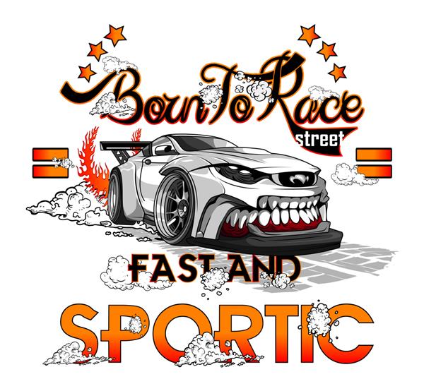 طرح تیشرت تصویری از نوع ماشین مسابقه و شعار