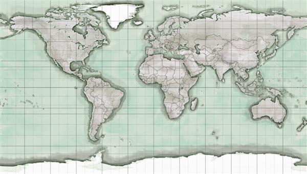 نقشه جهانی قدیمی به رنگ سبز اقیانوس و زمین آبنوس دشت