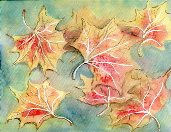 پس زمینه آبرنگ با برگ های پاییزی که با دست نقاشی شده اند